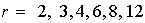 $r=\ 2,\ 3,4,6,8,12$